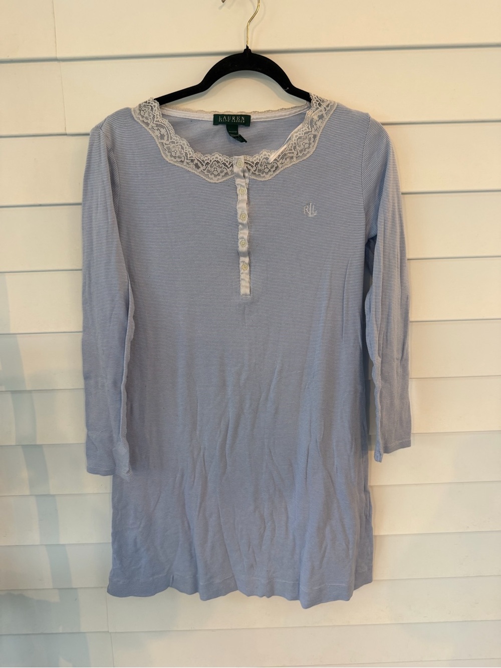 Ralph Lauren Powder Blue Lace-Trim Henley Nightgown